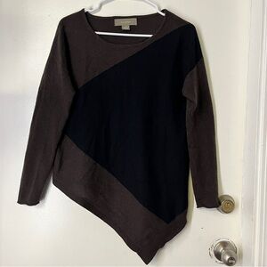 Chocolate Brown and Black Color Block Asymmetrical 100% Cashmere Sweater Size S